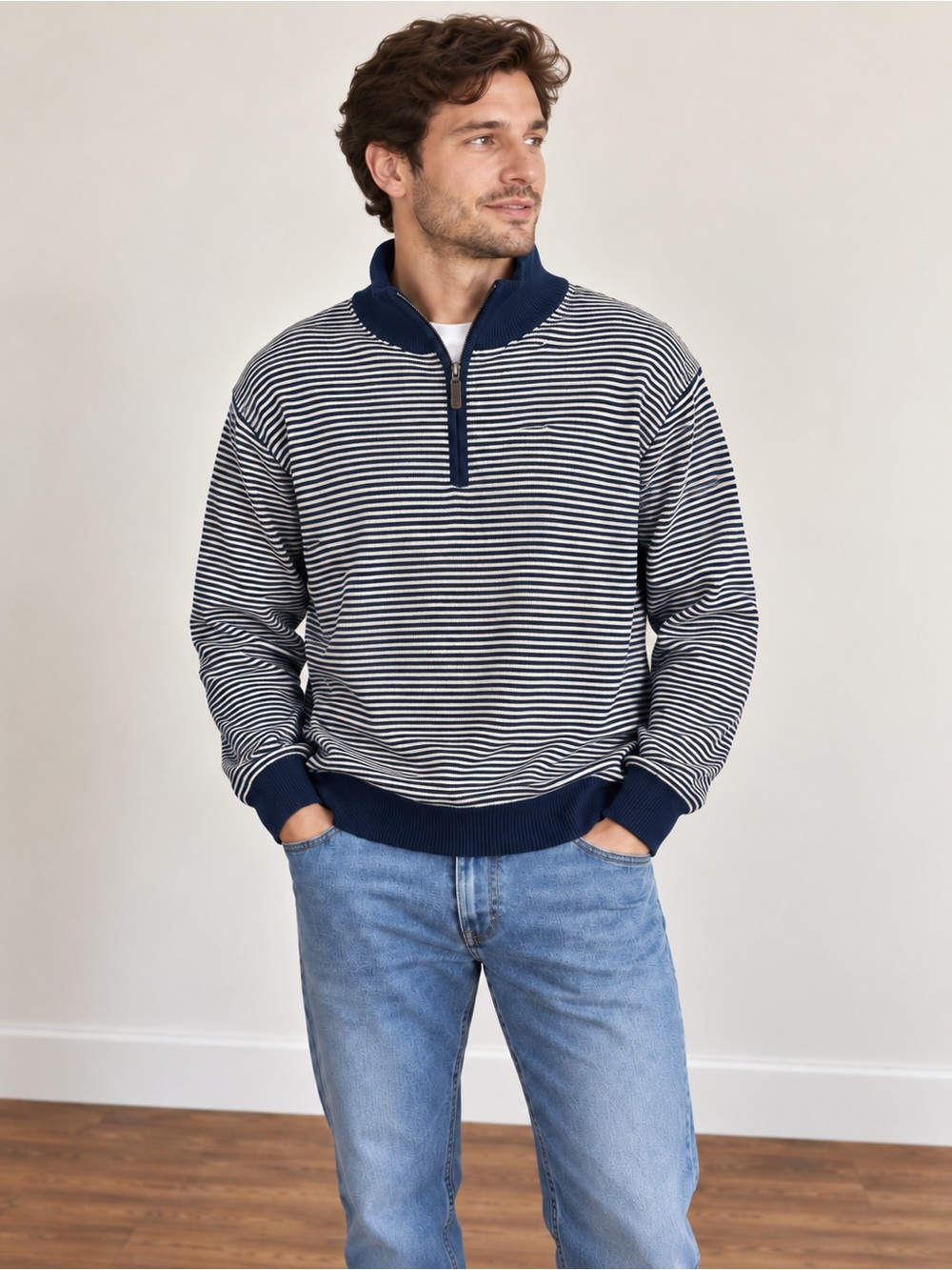 J.Crew Men’s XL Navy Cream Striped 100% Cotton Quarter Zip Sweater